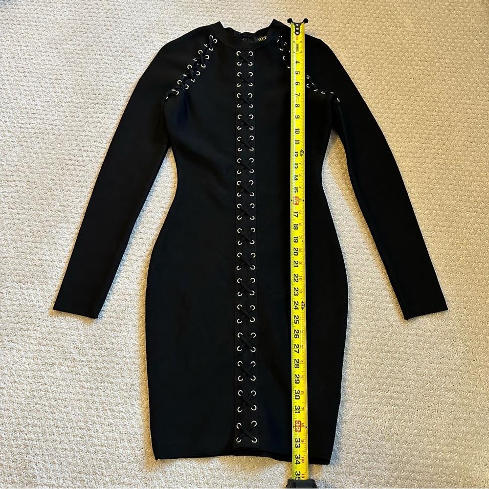 Hera Collection Black Lace Up Bodycon Mini Dress Gold Grommet Long Sleeve | S - Picture 6 of 9
